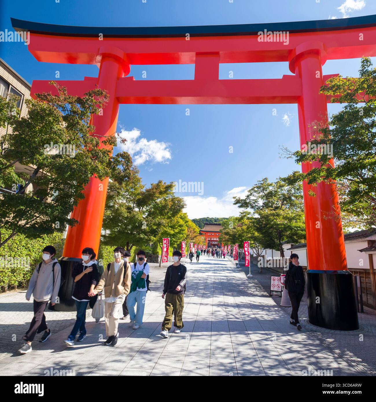 Great Torii all'ingresso del santuario Shintoista Fushimi Inari Taisha, Fukakusa Yabunouchicho, Fushimi Ward, Kyoto, Kansai, Honshu, Giappone Foto Stock