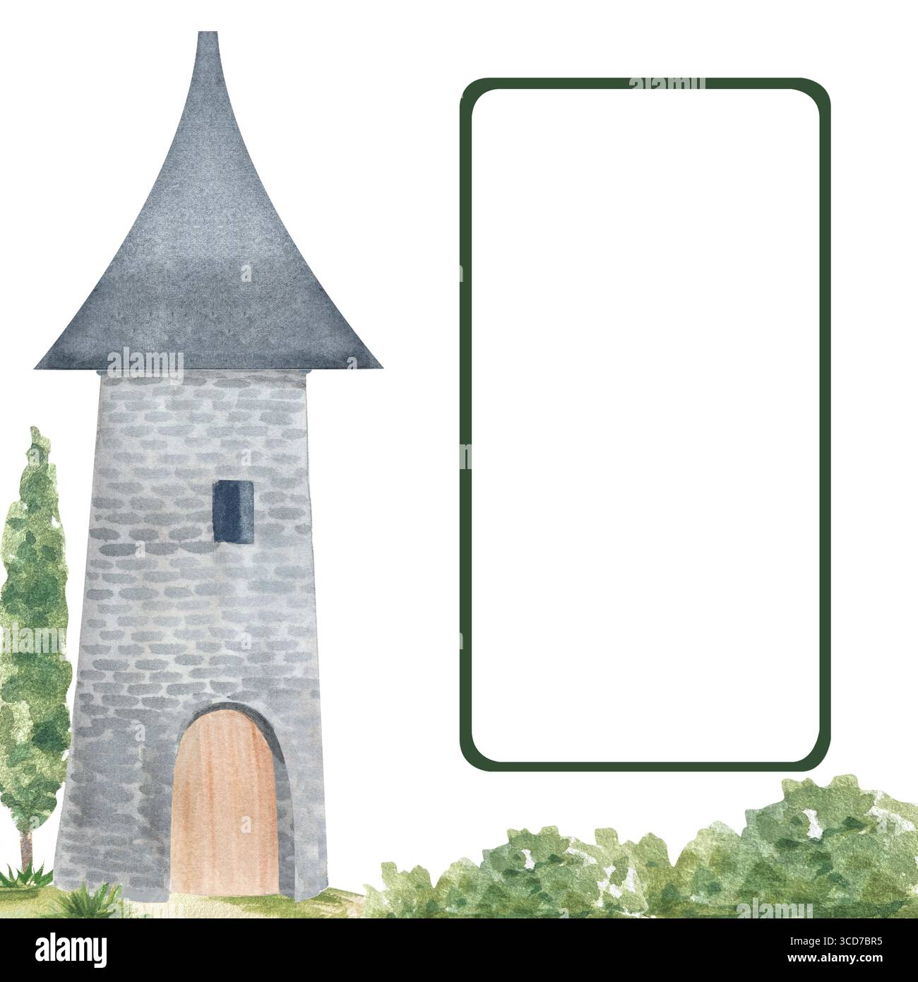 Torre medievale in pietra con tetto in ardesia appuntito, cespugli verdi, alto albero con cornice sulla destra, perfetta per inviti, carte da favola, testo Foto Stock