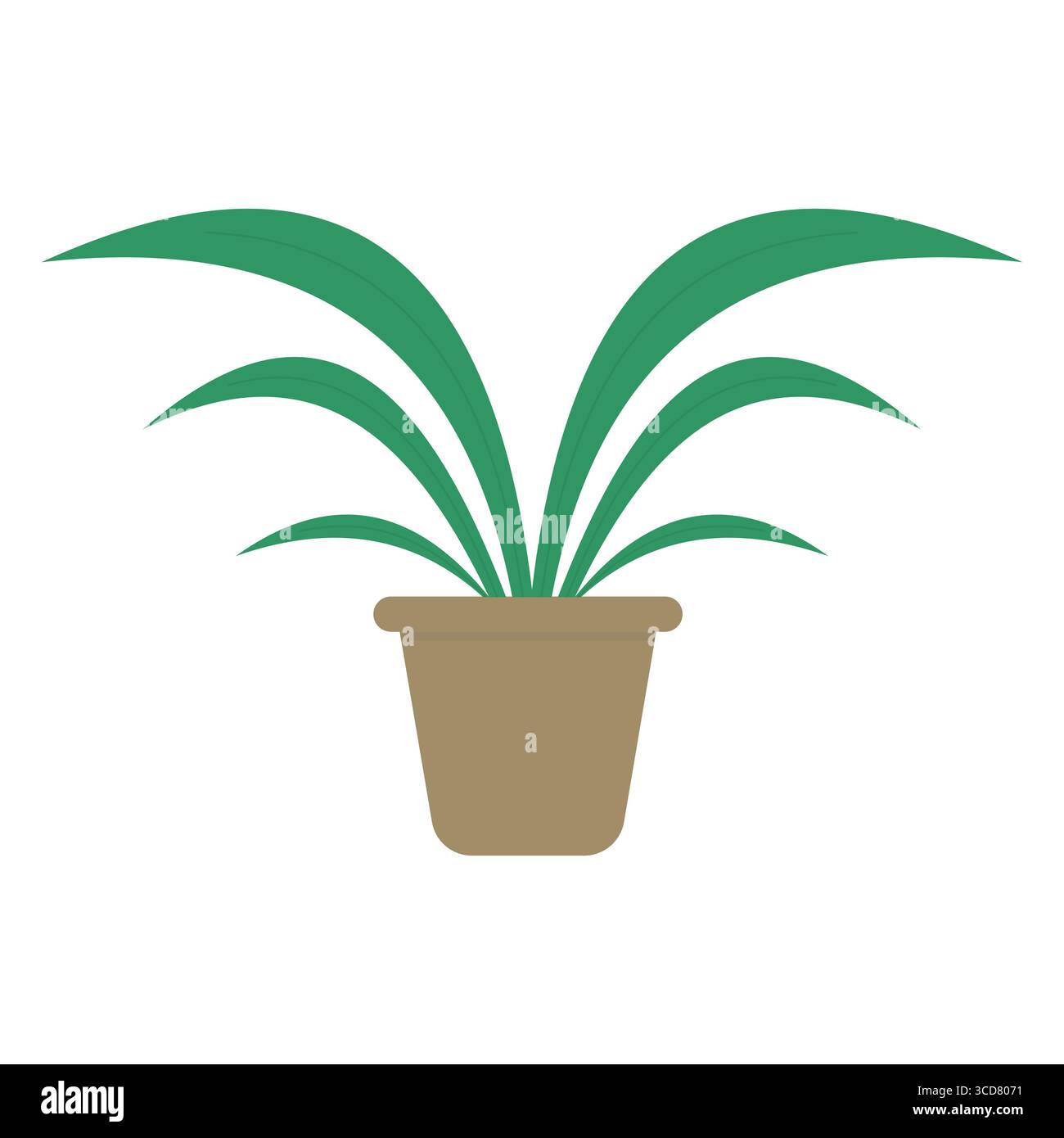 Illustrazione dell'impianto in vaso per interni. Un'illustrazione vettoriale minimalista di una lussureggiante pianta interna con lunghe foglie verdi ricurve in un semplice vaso marrone chiaro. Illustrazione Vettoriale