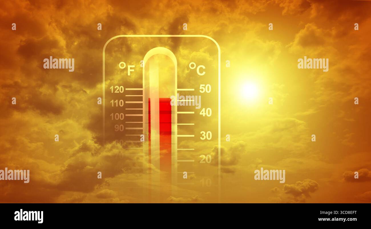 Calore estremo e onda ad alta temperatura o onda di calore intensa e condizioni atmosferiche con temperature elevatissime e sole ardente rappresentati da un termometro in aumento Foto Stock