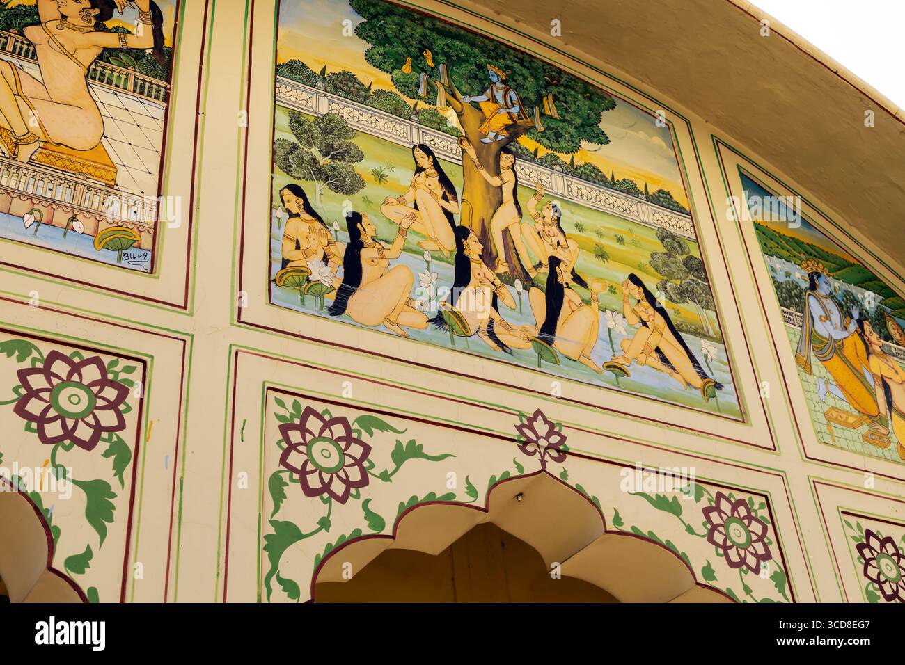 Affreschi di Shekhawati o dipinti murali di Haveli creati durante il XVIII e XIX secolo nella regione di Shekhawati nel Rajasthan. Foto Stock