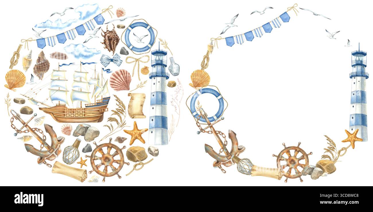 Ghirlanda con faro, ancora, volante, salvagente, stelle marine. Illustrazione ad acquerello disegnata a mano di simboli di viaggio, turismo su isolati Foto Stock