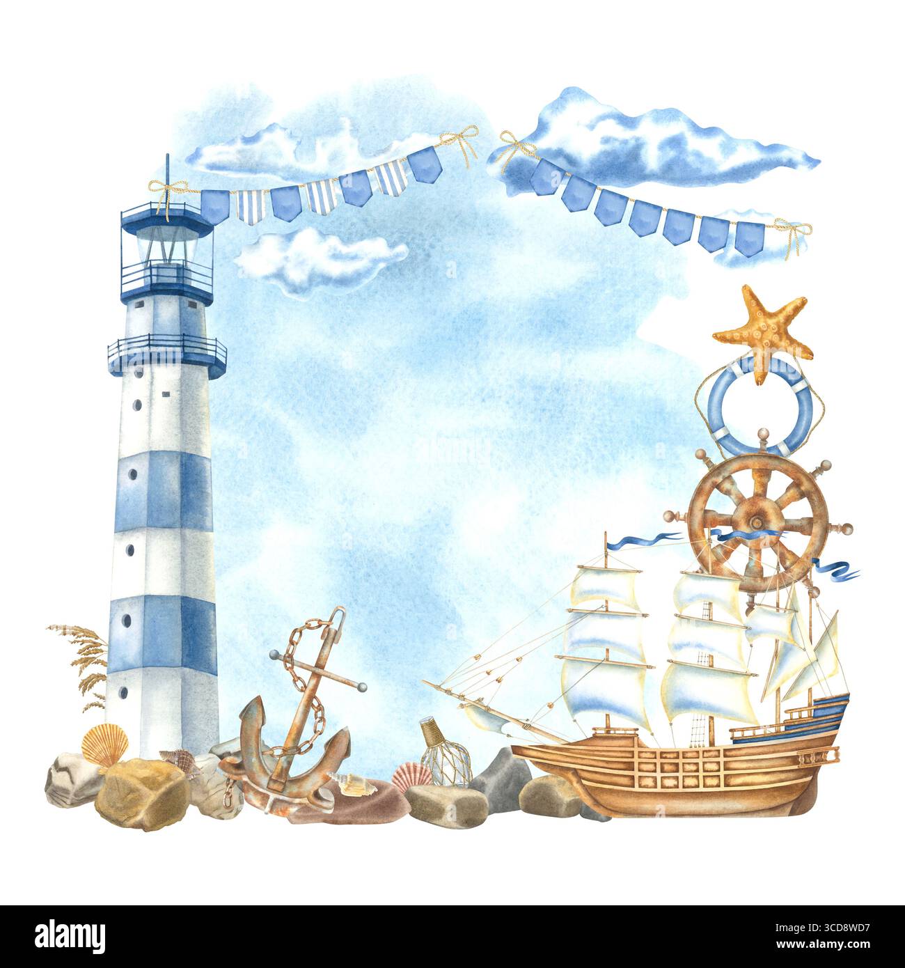Modello con faro e nave. Illustrazione ad acquerello disegnata a mano di una cornice quadrata con barca a vela e faro su sfondo blu. Design nautico Foto Stock