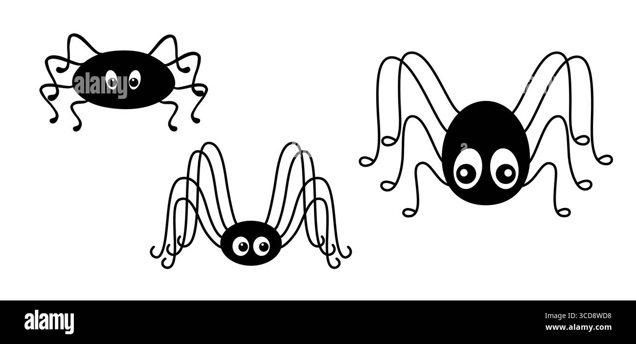 Set di ragni, divertente creatura dei cartoni animati con grandi occhi, otto gambe disegnate a mano. Elemento di design simpatico e spettrale, per le feste di Halloween, progetti, adesivi e decorazioni a tema insetti Illustrazione Vettoriale