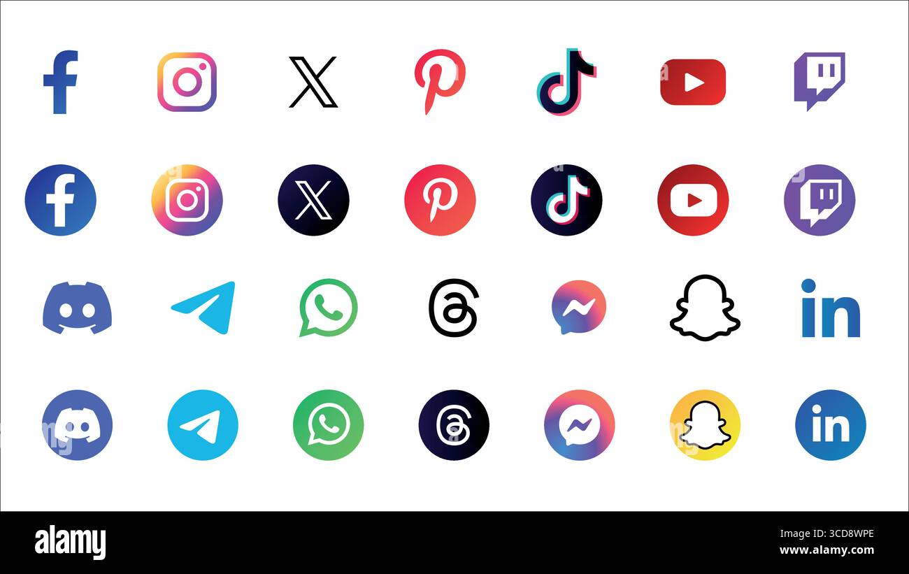 "Set di icone dei social media 2025 - Facebook, Instagram, X, Pinterest, TikTok, YouTube, WhatsApp, LinkedIn, Snapchat, Telegram, discordia, thread, Messenger Illustrazione Vettoriale