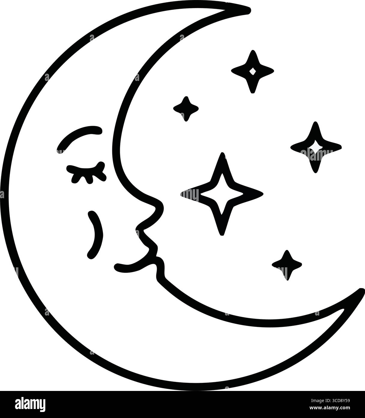 Sleeping Crescent Moon and Stars. Questo tranquillo sguardo lunare sogna dolcemente sotto una distesa stellata. Perfetto per temi di sonno, meraviglia e pe celeste Illustrazione Vettoriale