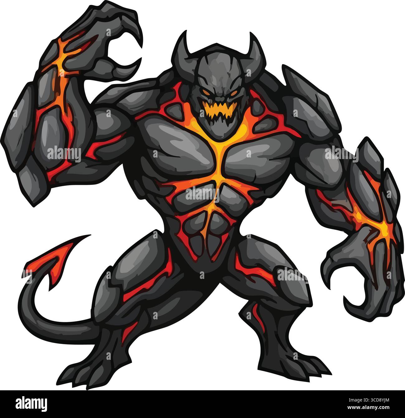 Potente mostro Lava Golem. Una formidabile bestia elementare, composta da roccia scura e cuciture fusa brillanti. Questa intimidatoria entità demoniaca simboleggia Illustrazione Vettoriale