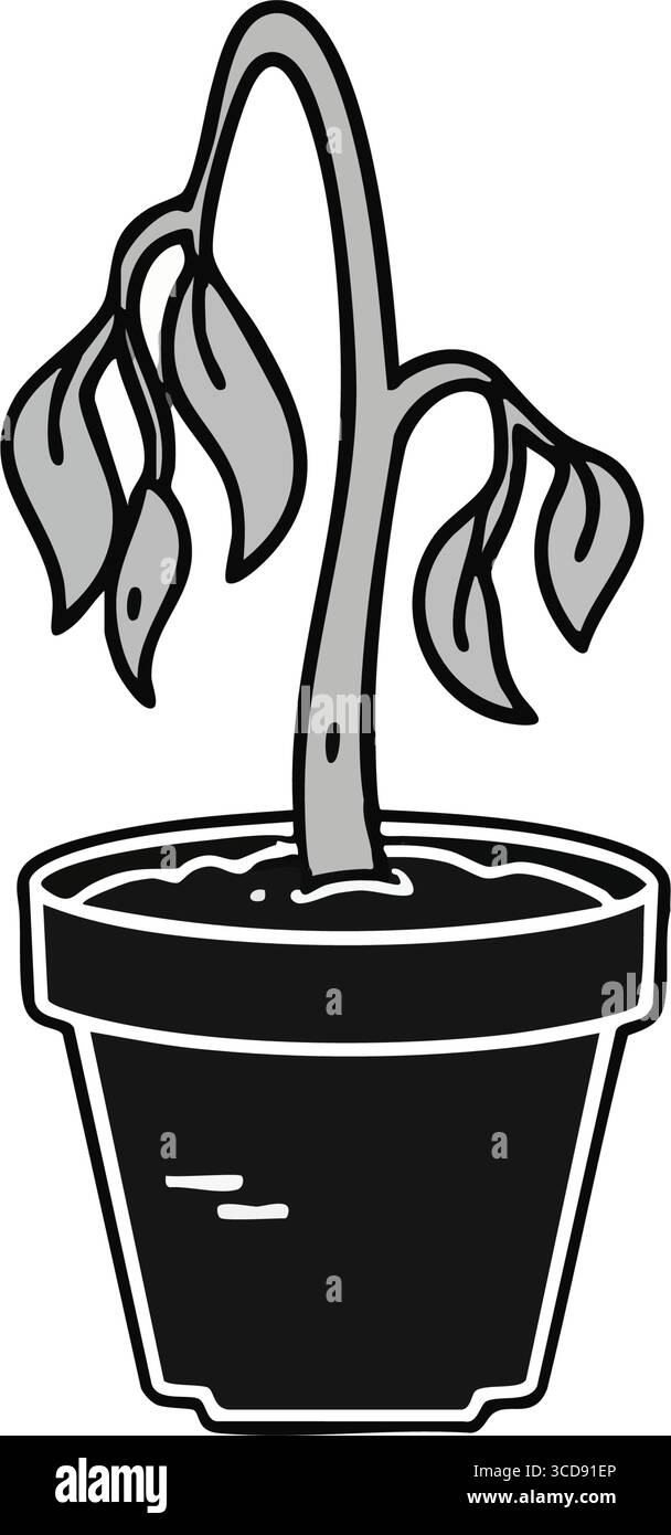 Icona pianta in vaso appassita. Grafica monocromatica di un esemplare botanico selvaggio, che simboleggia l'abbandono, il declino e la fragile natura dell'esistenza. REP Illustrazione Vettoriale