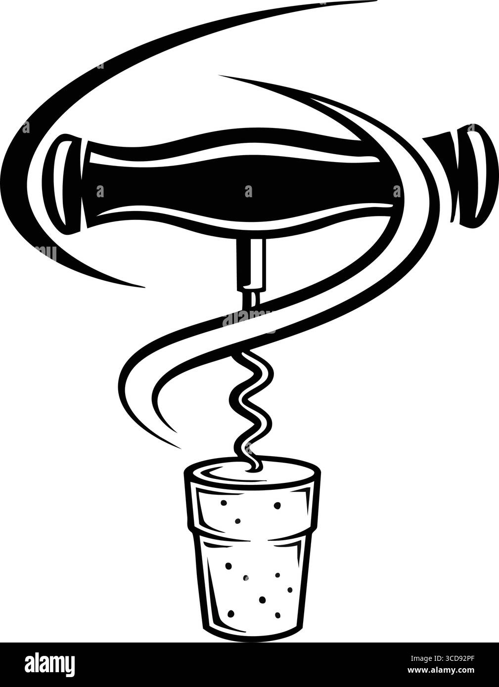 Cavatappi che tira il sughero di vino. Grafica minimalista di un meccanismo di apertura classico che estrae un tappo da un contenitore per bevande. Evoca sentimenti di festa, en Illustrazione Vettoriale