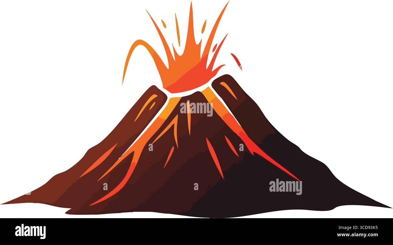 Illustrazione Lava in eruzione del vulcano. Montagna stilizzata piena di roccia fusa e pennacchi ardenti. Rappresenta potenti forze naturali e un re drammatico Illustrazione Vettoriale