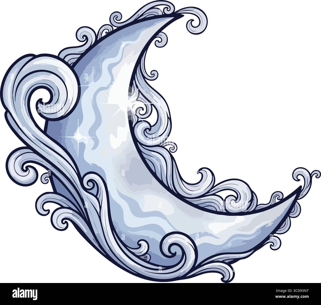 Inchanted Crescent Moon Swirl. Questo corpo celeste luminoso ed etereo si illumina con motivi intricati e ondulati. Evoca un senso di sogni magici, spirito Illustrazione Vettoriale