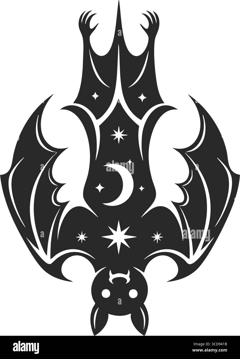 Emblema mistico dei pipistrelli celesti. Magica creatura alata adornata di elementi cosmici, incarna il fascino misterioso e gotico del notturno Illustrazione Vettoriale