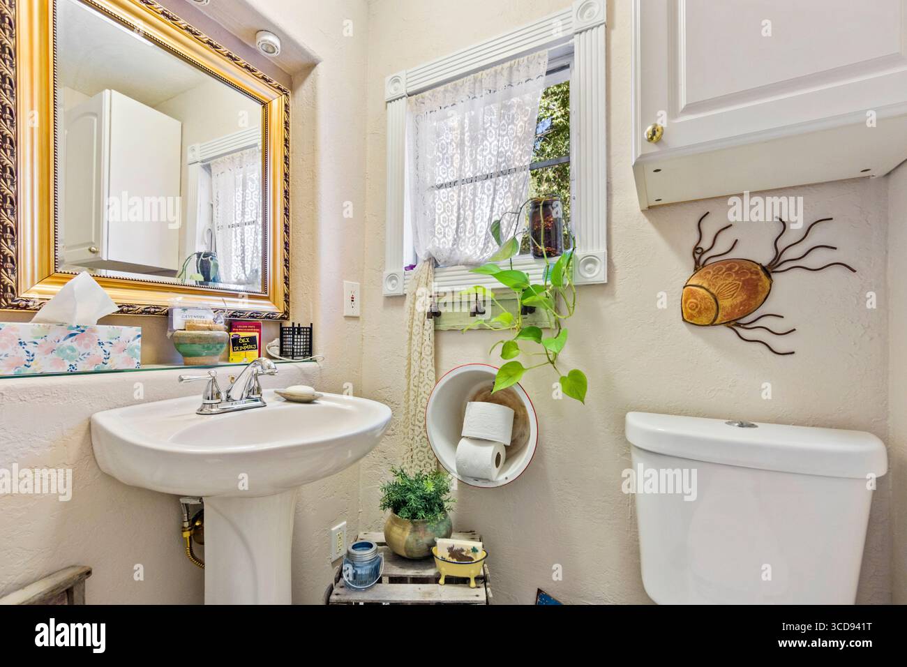 Piccolo bagno interno accogliente con specchio e impianto interno Foto Stock