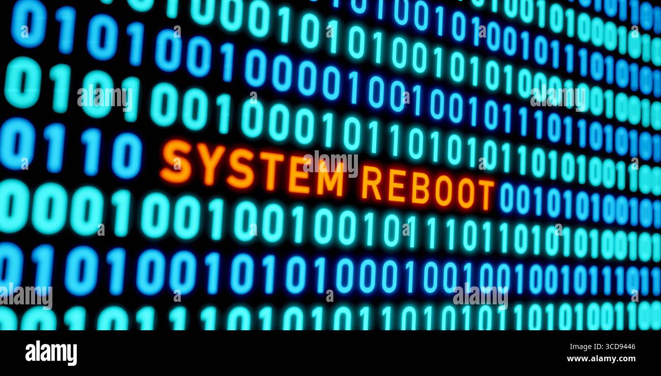 Riavvio del sistema, segnale di avvertimento. Riavvio del sistema, segnale di avvertimento. Codice binario, omputer, dati, problemi di rete, tecnologia, internet. Illustrazione 3D cybersecurity012s11 system reboot Foto Stock