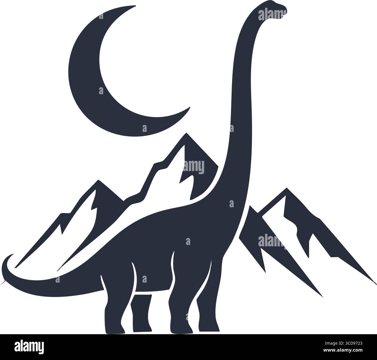 Silhouette dinosauro Mountain Moon. Maestosa antica bestia si erge davanti alle vette e a una mezzaluna celeste. Evoca un senso di meraviglia primaria, tranquillità, Illustrazione Vettoriale