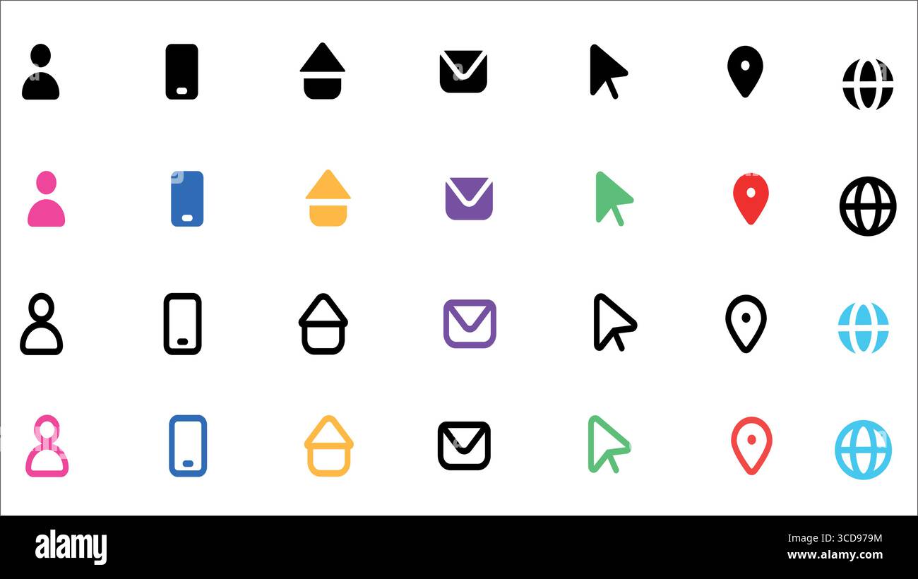 "Set di icone di interfaccia Web e app multicolore: Utente, cellulare, casa, e-mail, cursore, posizione e simboli a globo' Illustrazione Vettoriale