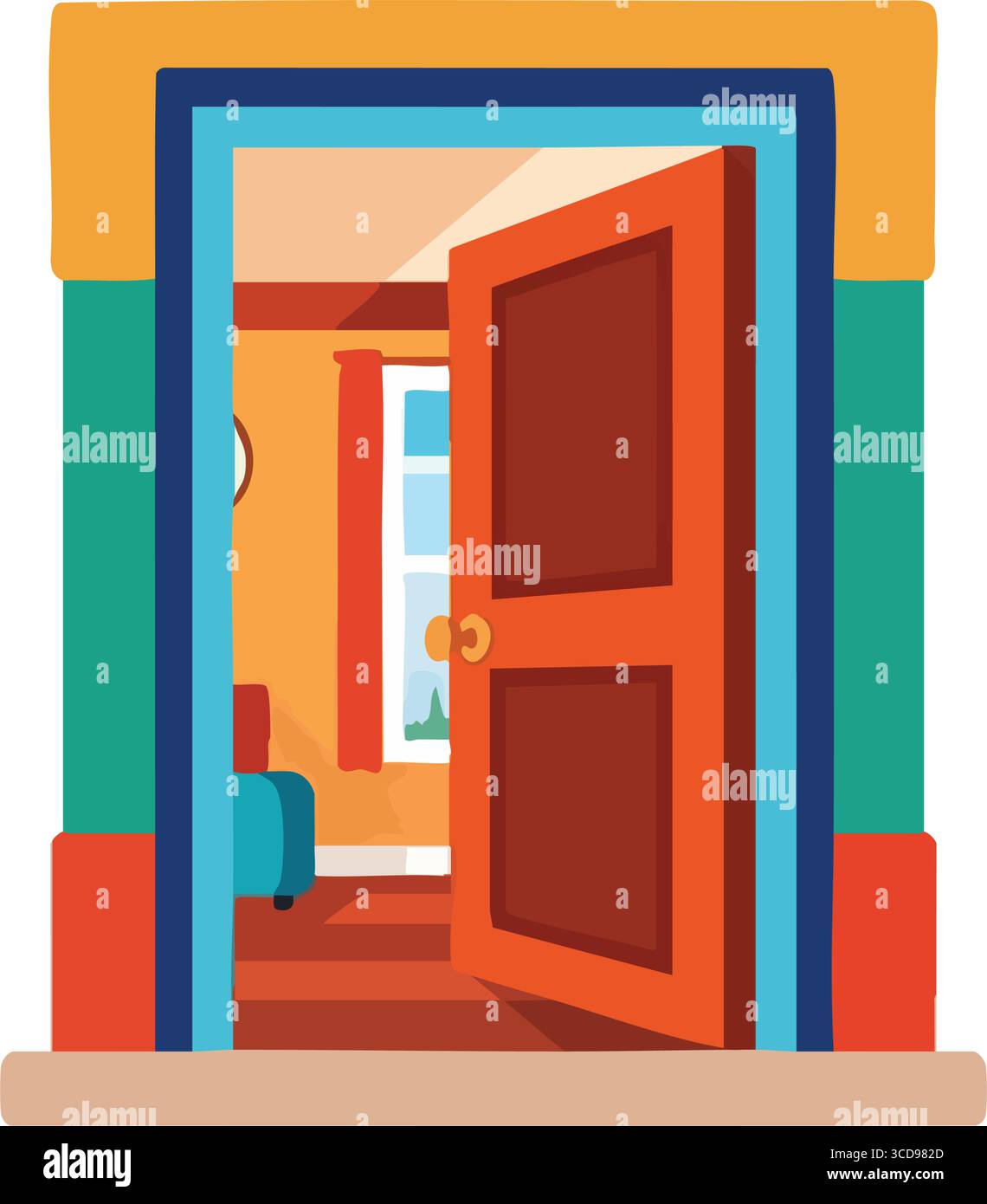 Ingresso alla casa colorata. Vivace illustrazione di un ingresso parzialmente socchiuso, che rivela un confortevole interno con finestra e posti a sedere. Rappresenta i Illustrazione Vettoriale