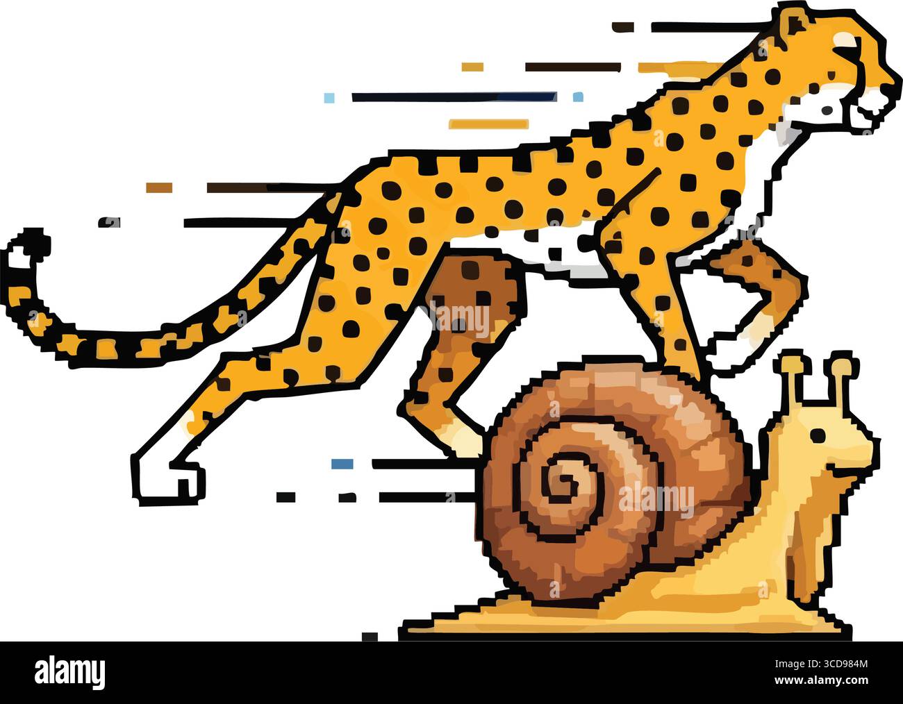 Pixel Cheetah Snail Paradox. Una vivace opera d'arte digitale di un leopardo veloce che cavalca un piccolo gasteropode. Rappresenta il contrasto tra ritmo rapido e le Illustrazione Vettoriale