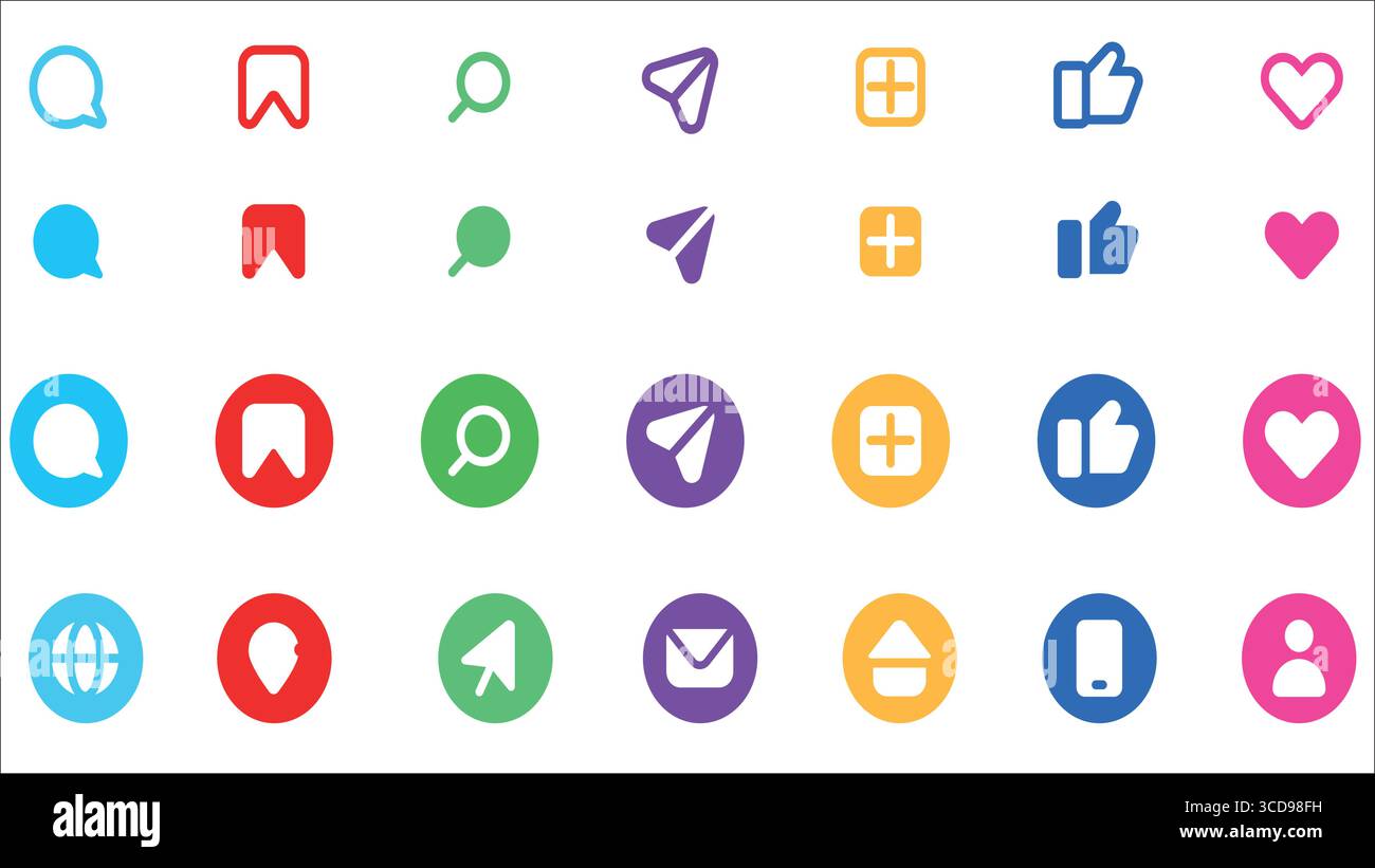 "Set di icone colorate per social media e interfaccia Web: Chat, segnalibro, ricerca, invio, aggiunta, come, cuore, globo, posizione e simboli mobili' Illustrazione Vettoriale