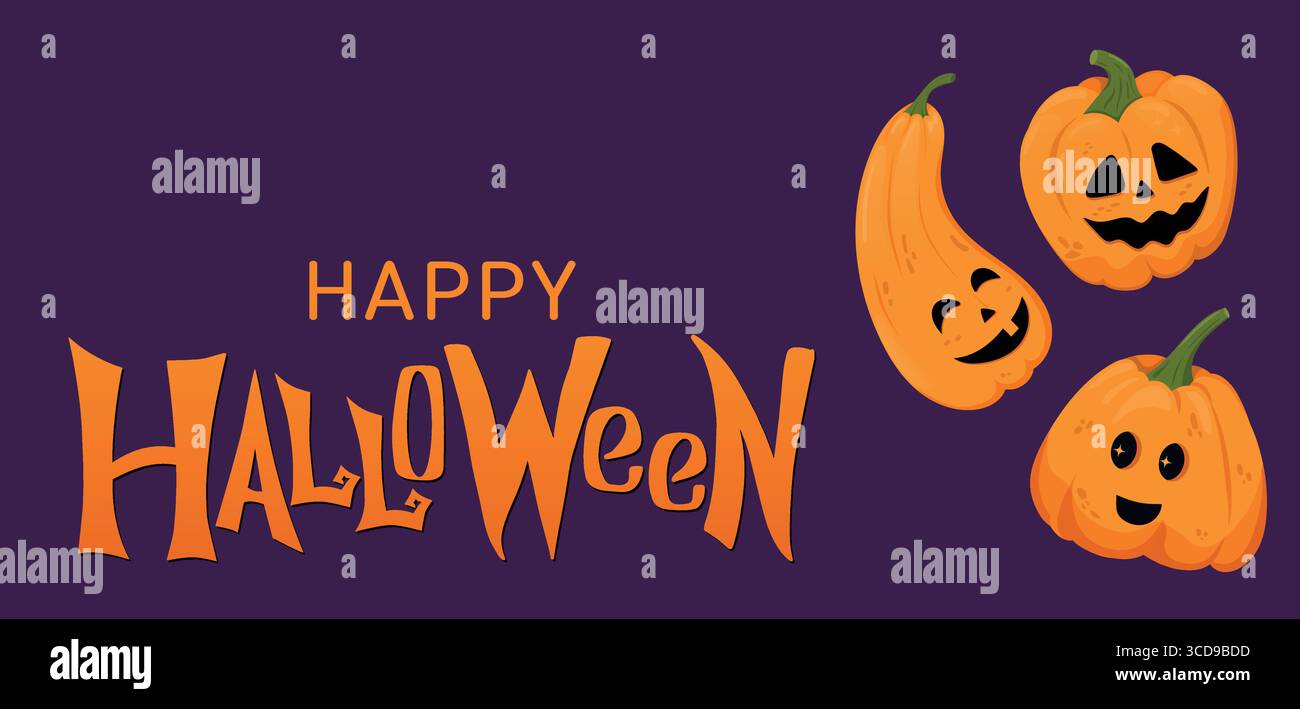 Carine zucche su un poster di Halloween. Buone parole di Halloween e tre cartoni animati Pumpkins The Jack Lantern con emozioni diverse. Buon per le feste Illustrazione Vettoriale