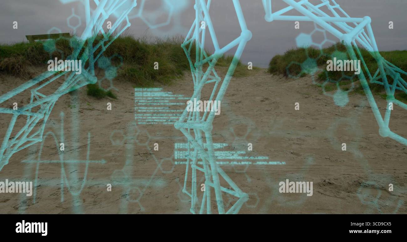 Reticolo scheletrico turchese sovrapposto sul percorso delle dune con griglia esagonale e letture alfanumeriche Foto Stock
