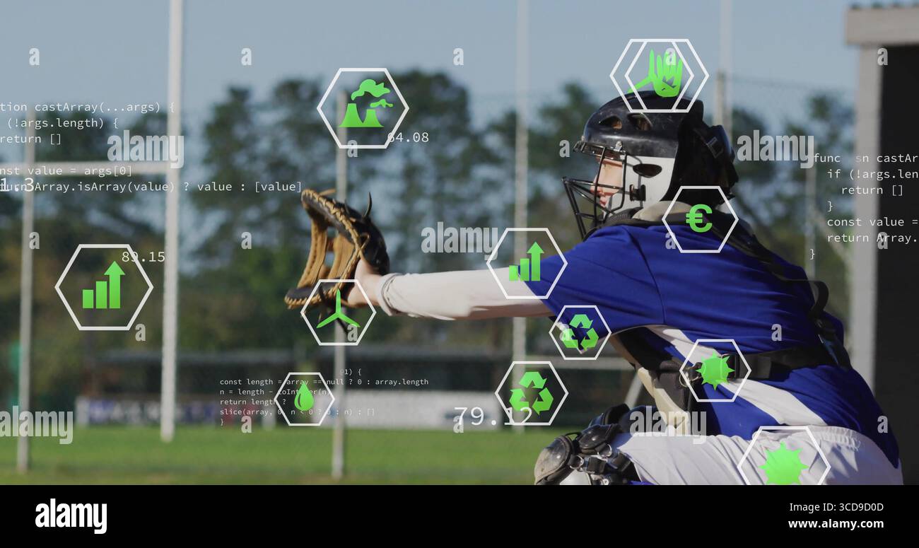 Raggiungere il ricevitore indossando l'attrezzatura che tiene il guanto sul campo da baseball, codice galleggiante, icone ecologiche, spazio copia Foto Stock