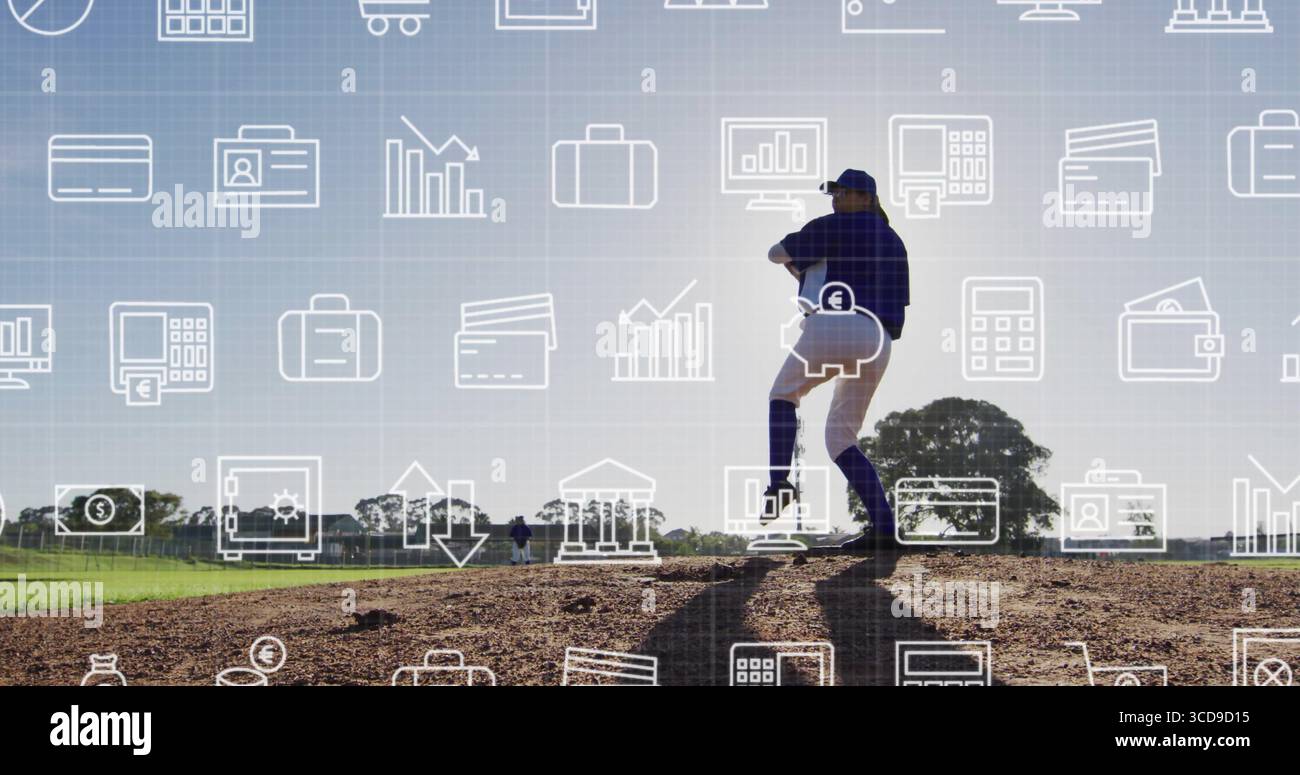 Lanciatore che indossa uniforme e guanto sul tumulo del campo da baseball, con icone finanziarie Foto Stock