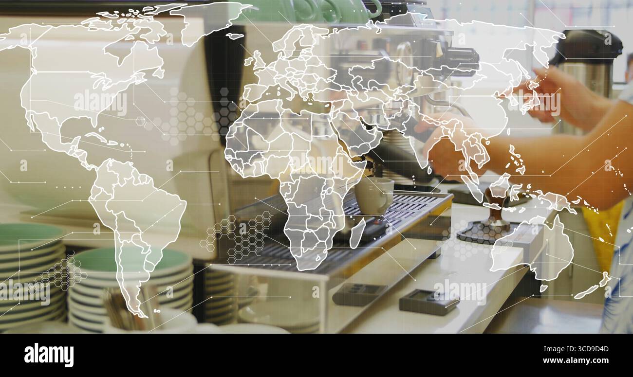 Barista con il portafiltro per la compattazione della camicia gialla nella macchina al bancone del bar con sovrapposizione della mappa del mondo manomissione Foto Stock