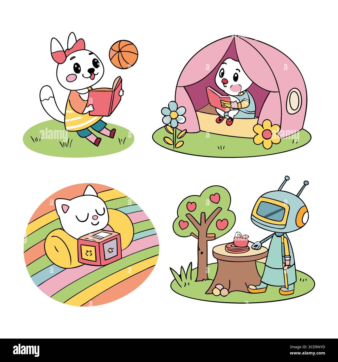 divertenti illustrazioni vettoriali di animali carini impegnati in divertenti attività all'aperto e all'interno Illustrazione Vettoriale