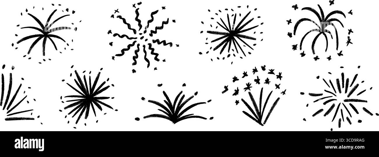Collezione nera di fuochi d'artificio disegnati a mano. Set di elementi di pirecracker con spiedini per pastelli. Schizzi pastello di scintillio, esplosione, luci a stella. Adesivi Vector color carbone per feste e compleanni Illustrazione Vettoriale