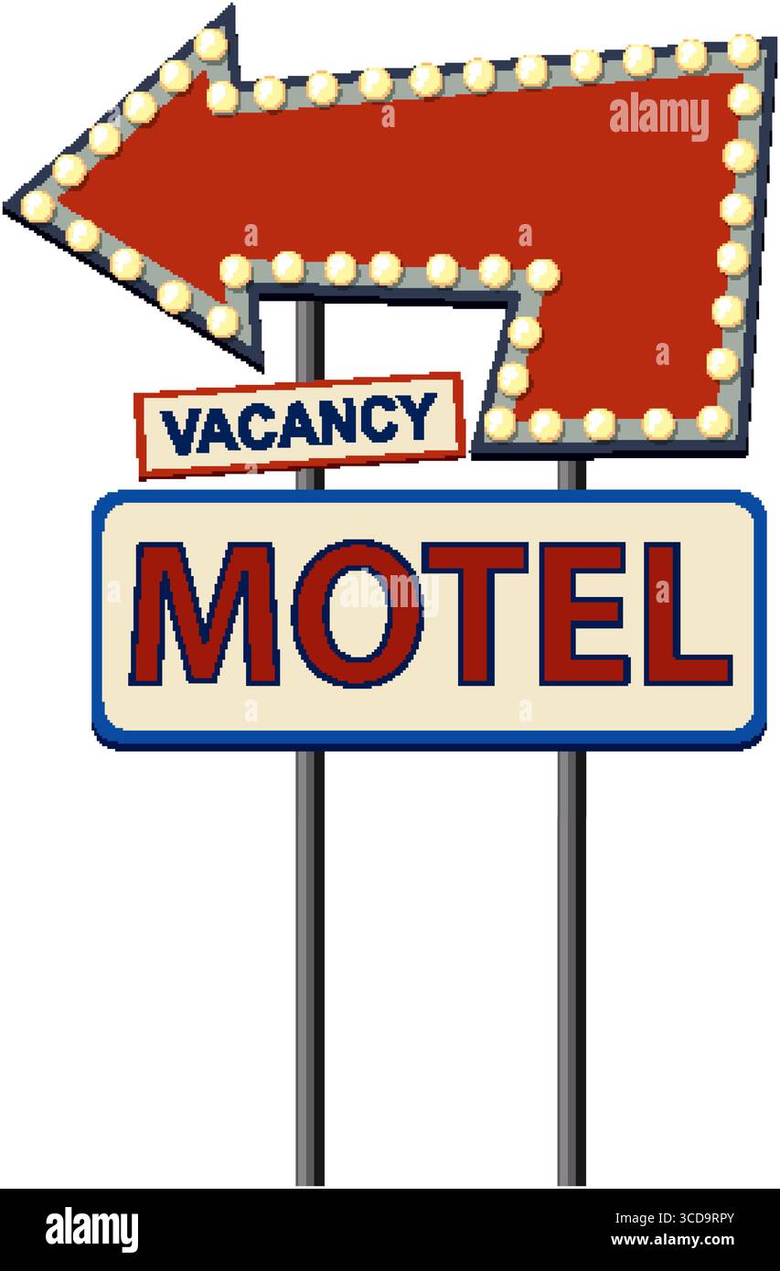Cartello di motel in stile vintage con freccia illuminata e testo libero. I colori audaci e il design classico evocano un'estetica nostalgica a bordo strada Illustrazione Vettoriale