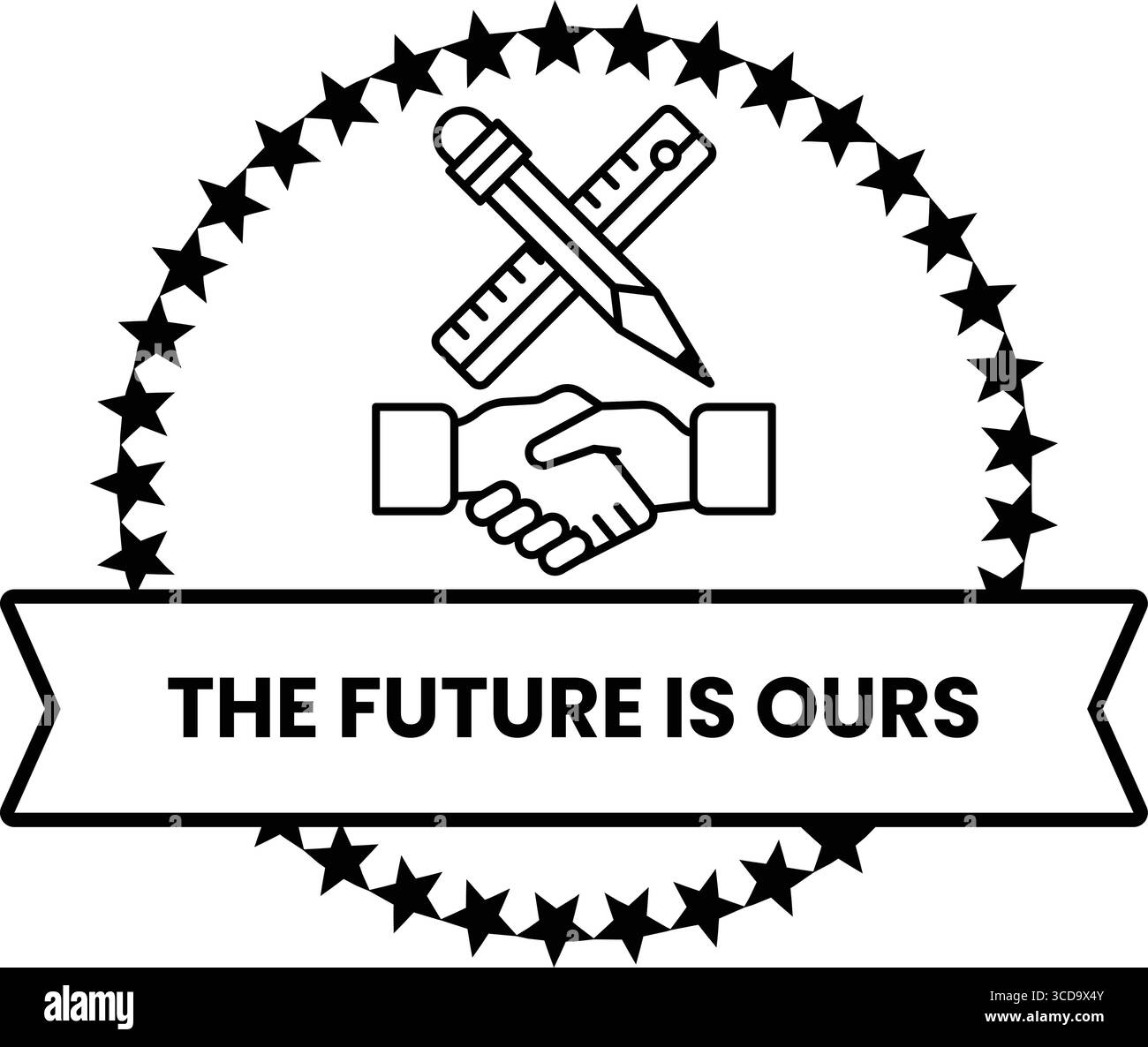 Il futuro è nostro. Due mani che tremano, simboleggiano una partnership o un accordo. Il design è semplice ed elegante, con uno schema colore bianco e nero. Illustrazione Vettoriale