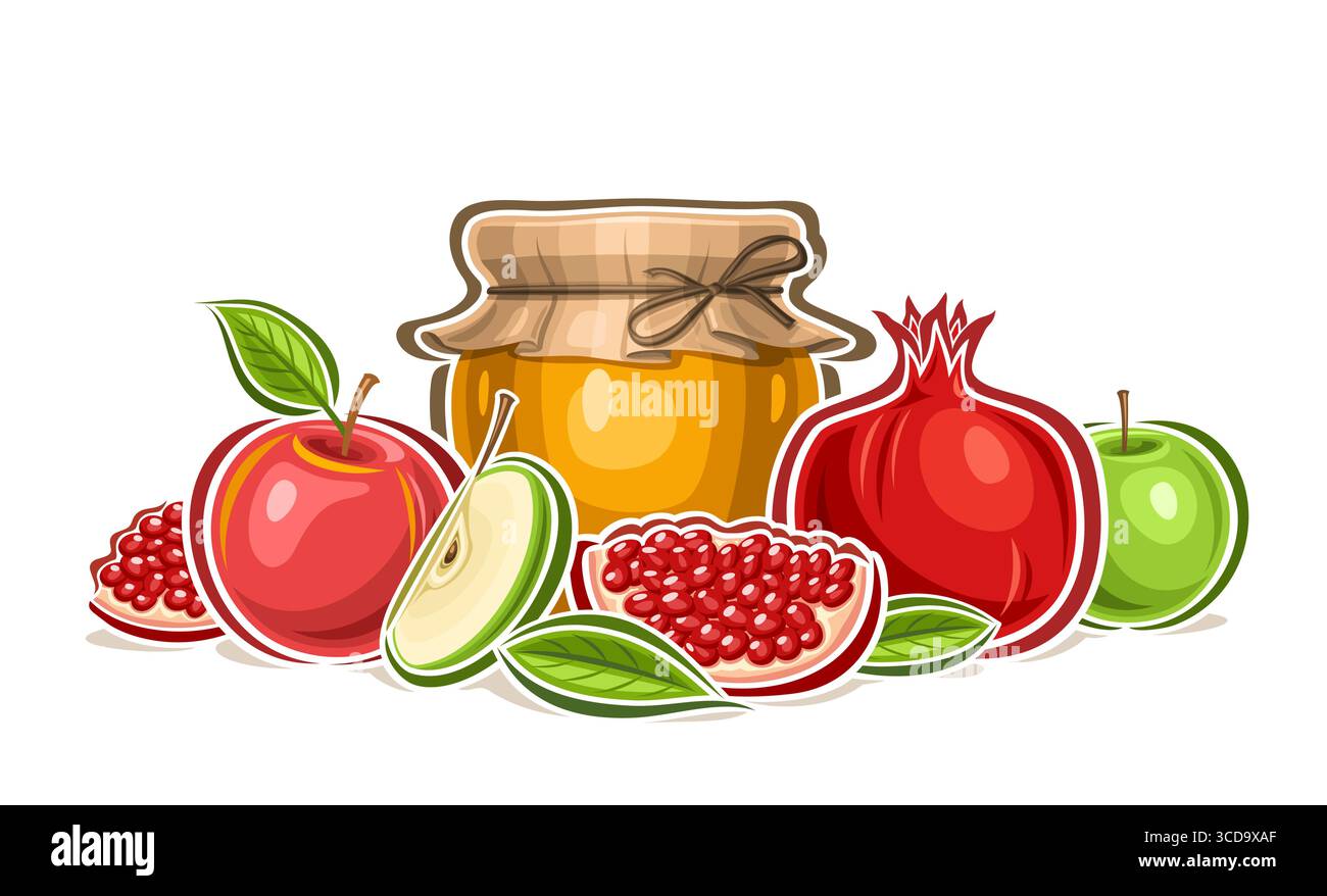 Vector Fruit Still Life, biglietto di auguri per rosh hashanah con gruppo di disegni di cartoni animati frutta matura e vaso di miele naturale, composizione fruttata vegana con Illustrazione Vettoriale