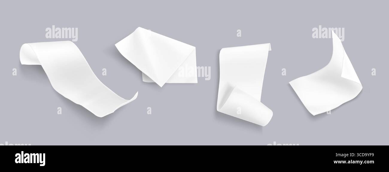 Fogli di carta per ricevute vuoti con bordi curvi e piegati che fluttuano su sfondo grigio per i documenti finanziari. Modelli di fattura bianchi in varie posizioni per modelli di contabilità o di pagamento. Illustrazione Vettoriale