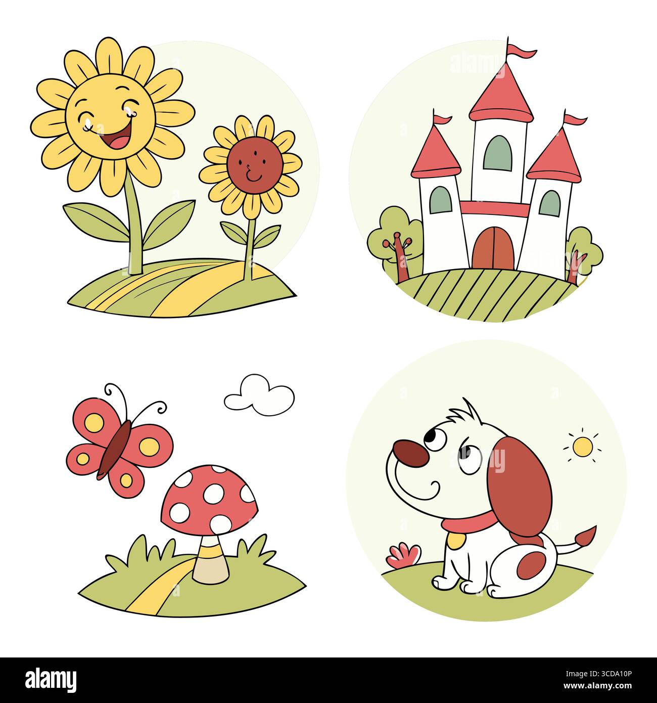 allegre illustrazioni vettoriali di fiori, un castello, un cane e una farfalla in stile giocoso Illustrazione Vettoriale