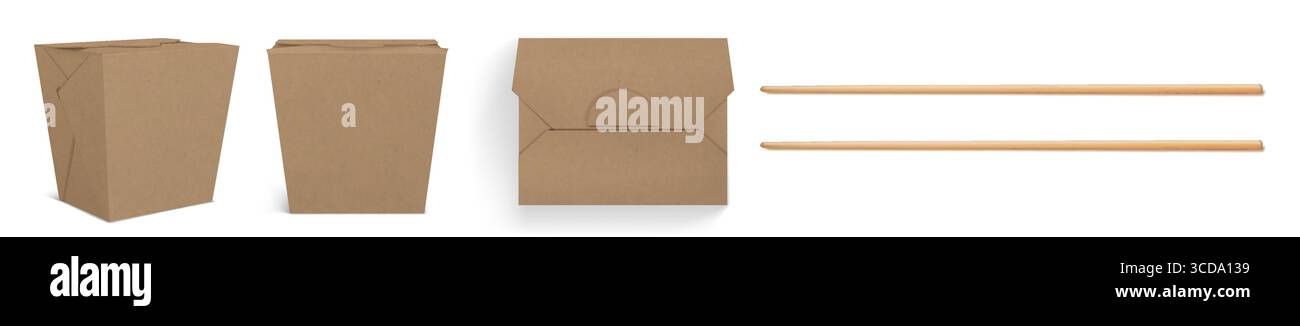 Contenitori per sacchetti di carta beige - scatole da asporto kraft e bacchette di legno per il confezionamento o la consegna di alimenti. Materiali in cartone ecologici per ristoranti, catering o servizi di ristorazione sostenibili. Illustrazione Vettoriale