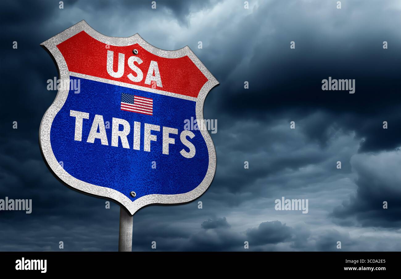 Politica commerciale degli Stati Uniti - firma del traffico con lo slogan Tariffs Foto Stock