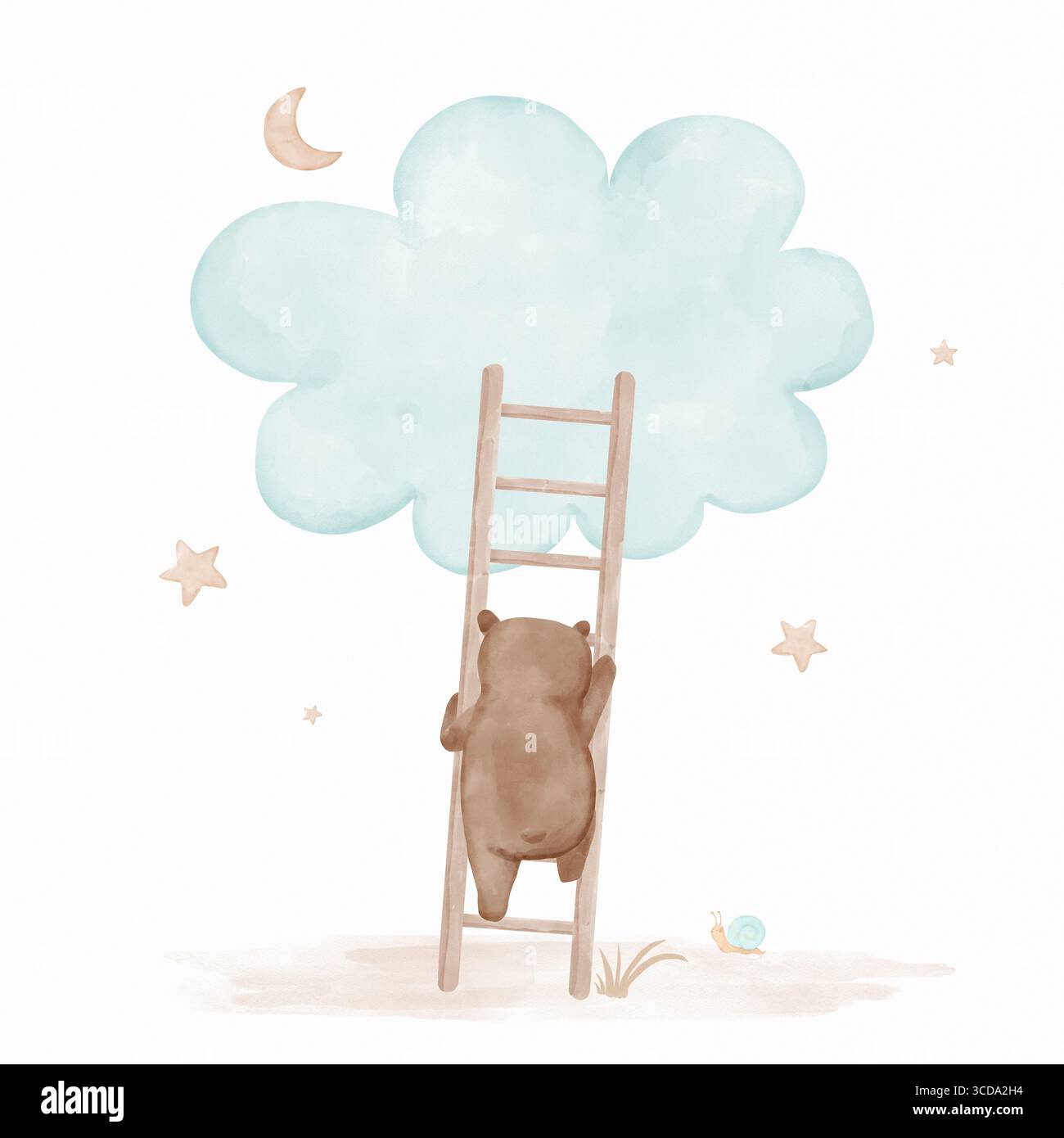 Illustrazione disegnata a mano Di Un simpatico orso che si arrampica su Una scala verso la nuvola. Disegno bizzarro da sogno con Brown Baby Bear, Big Blue Cloud, Stars e Moon. Foto Stock