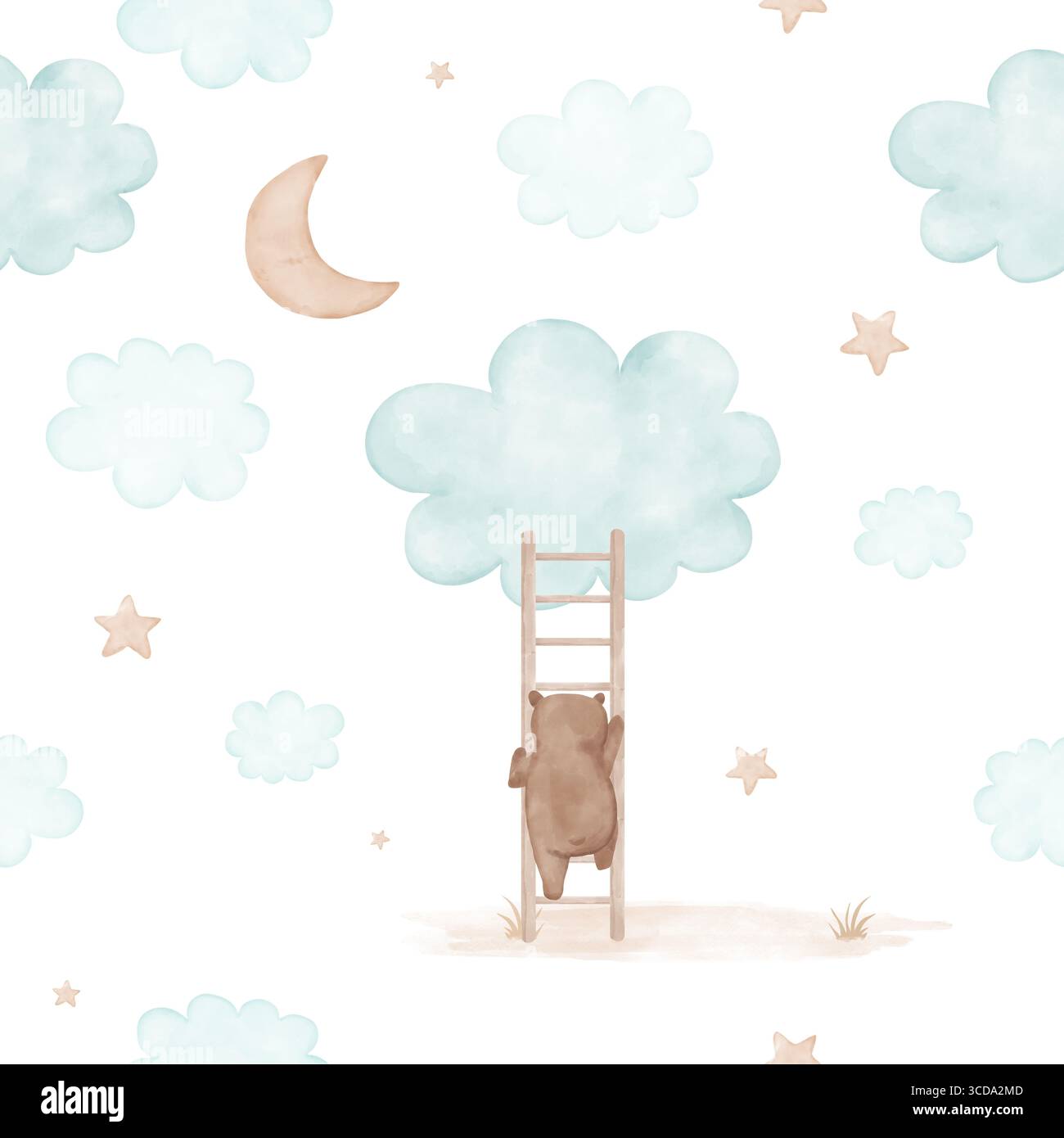 Schema nursery.modello senza cuciture disegnato a mano di Un simpatico orso arrampicata Su Una scala verso una nuvola. Disegno bizzarro da sogno con Brown Baby Bear, Stars e Moon Foto Stock