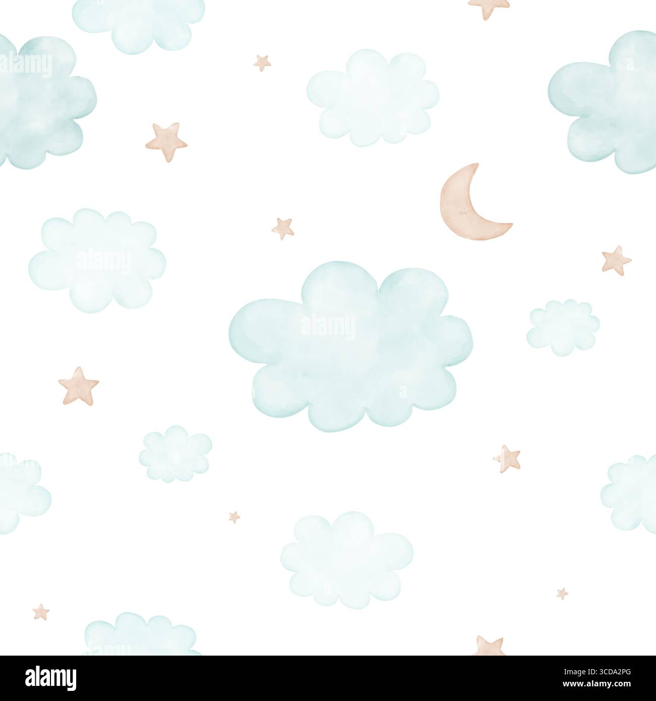 Schema vivaio simile ad acquerello. Modello senza cuciture disegnato a mano di Un cielo notturno nuvoloso. Disegno fantasioso con nuvole blu, stelle beige e Luna. Foto Stock