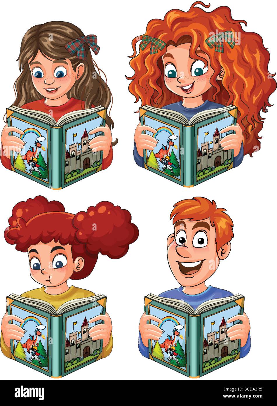Quattro bambini dei cartoni animati con acconciature diverse leggono libri di fiabe colorate, mostrando espressioni gioiose e curiose. Luminoso stile vettoriale, backgroun bianco Illustrazione Vettoriale