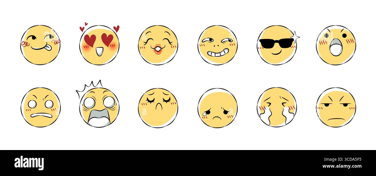 Set di icona emoji disegnata a mano . Illustrazione del cartone animato di espressione facciale . Raccolta 2 di 3 . Vettore . Illustrazione Vettoriale