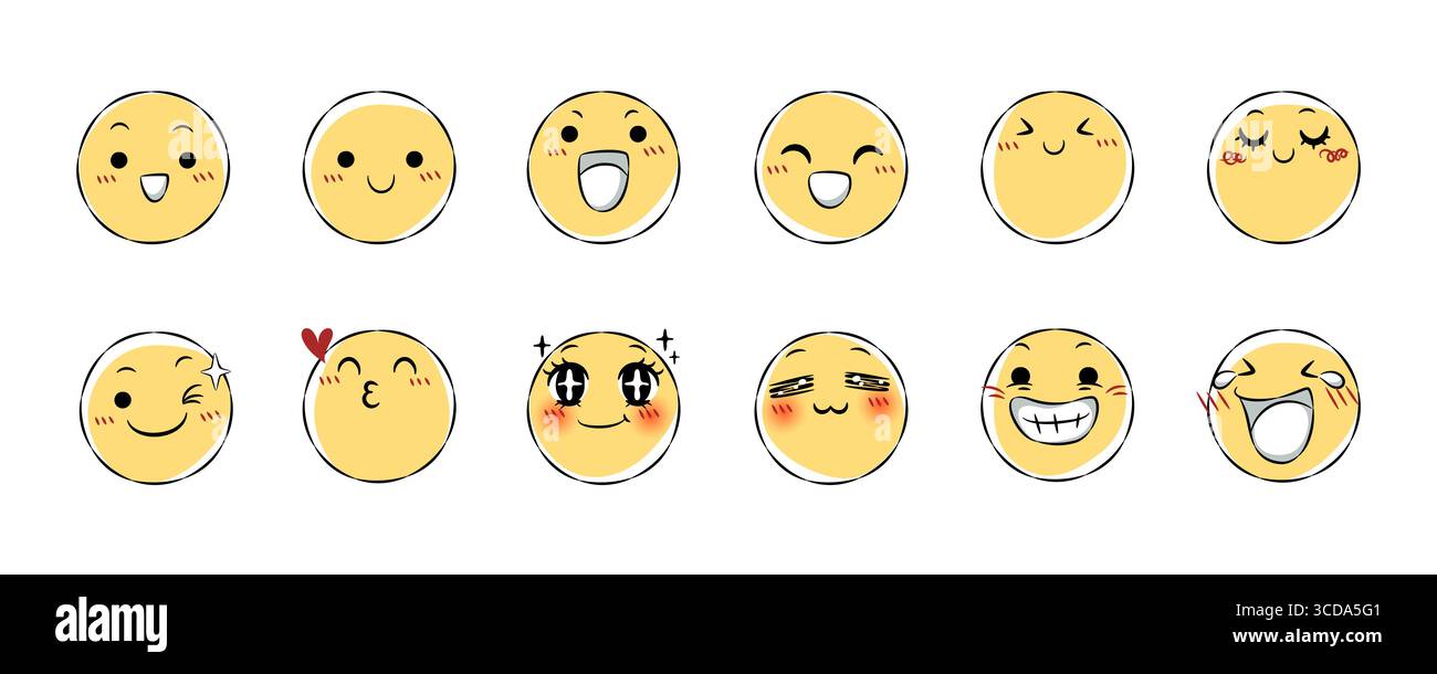 Set di icona emoji disegnata a mano . Illustrazione del cartone animato di espressione facciale . Raccolta 1 di 3 . Vettore . Illustrazione Vettoriale