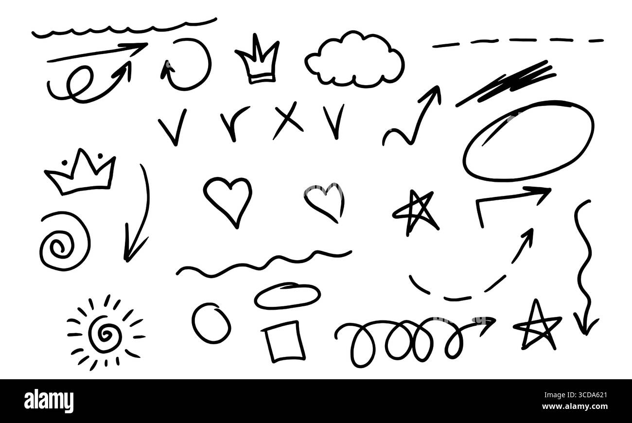 Gruppo di elementi sotto forma di linea, cuori, frecce e nuvole, schizzo in bianco e nero. Illustrazione vettoriale. Disegnare con stile semplice linee, frecce, Illustrazione Vettoriale