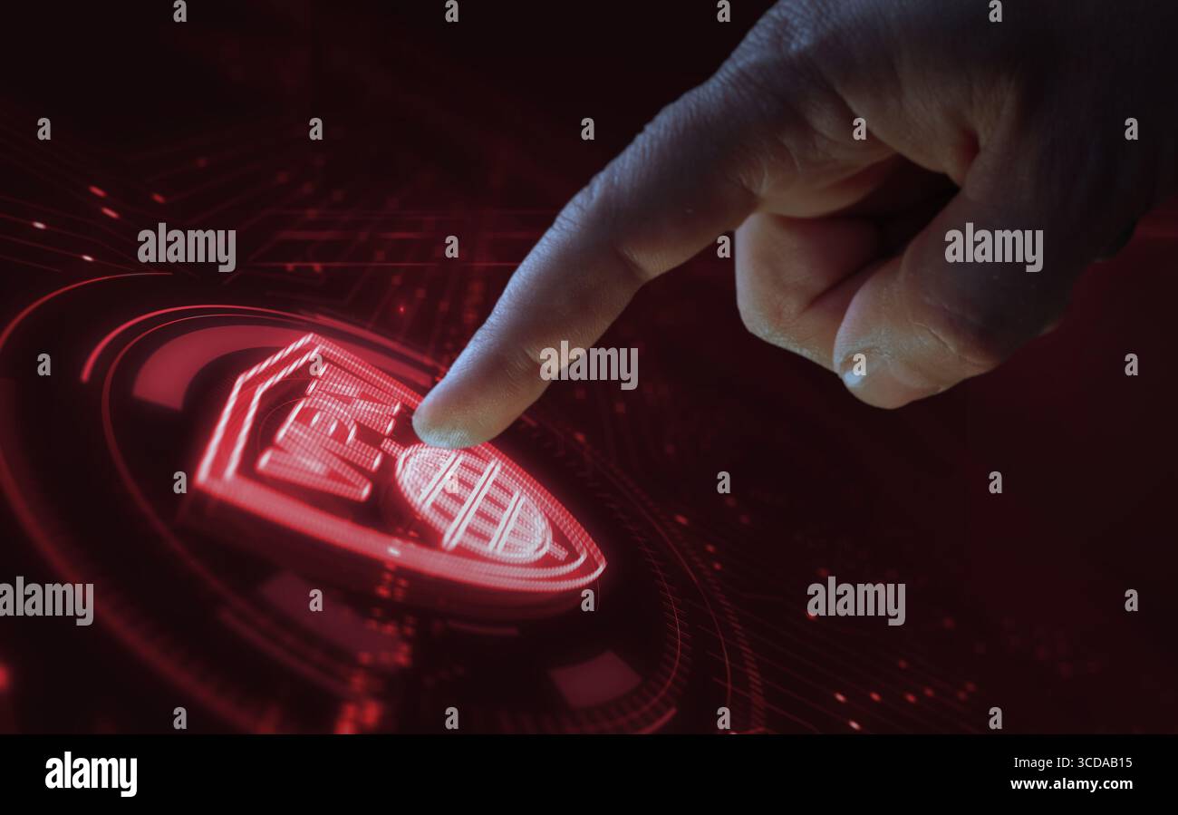 VPN Virtual Private Network Security Communication symbol Digital abstract 3d Concept. Touch screen con le dita. tecnologia informatica e background di rete. M Foto Stock