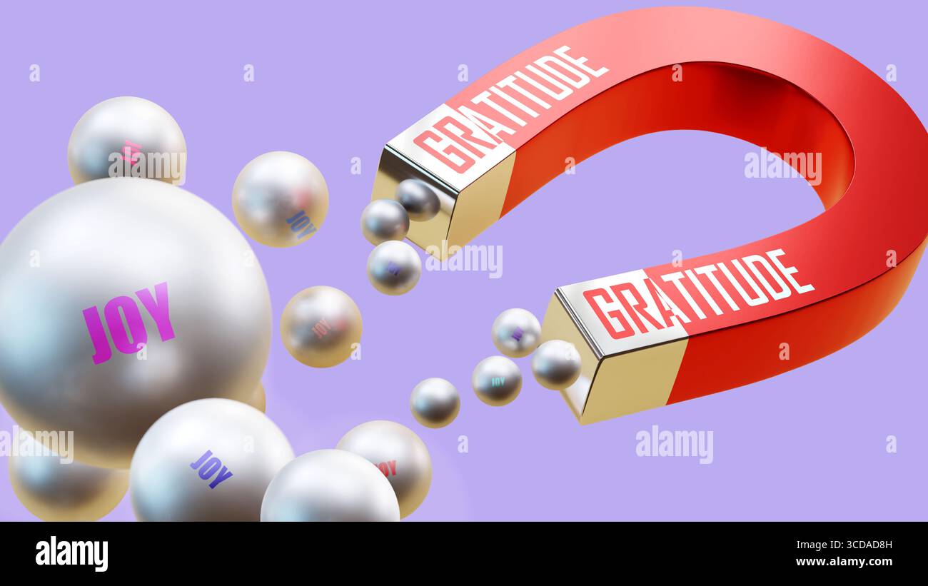Gratitudine che attrae la gioia. Una metafora magnetica in cui la gratitudine sta attirando la gioia. Foto Stock