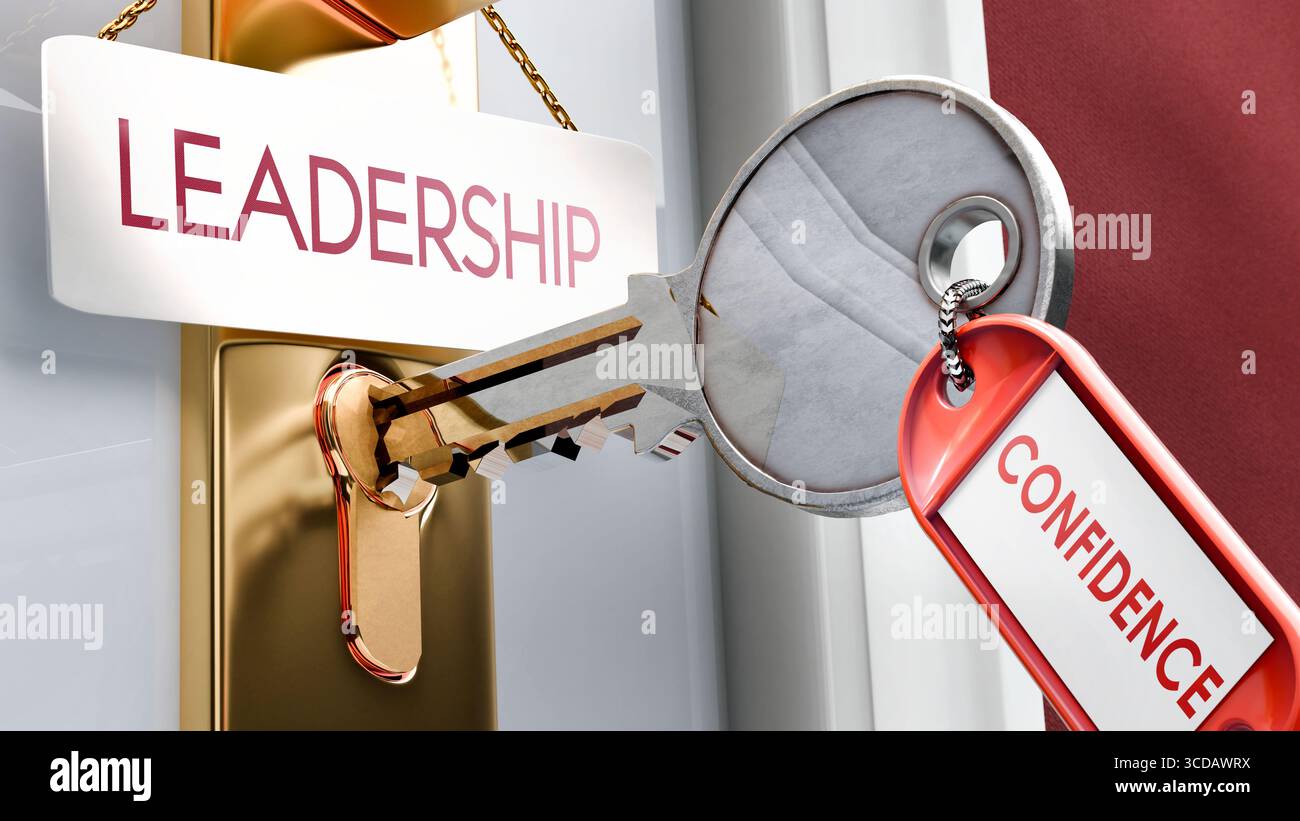La fiducia porta alla leadership: È la chiave per sbloccare la leadership. Una metafora della chiave della porta Foto Stock