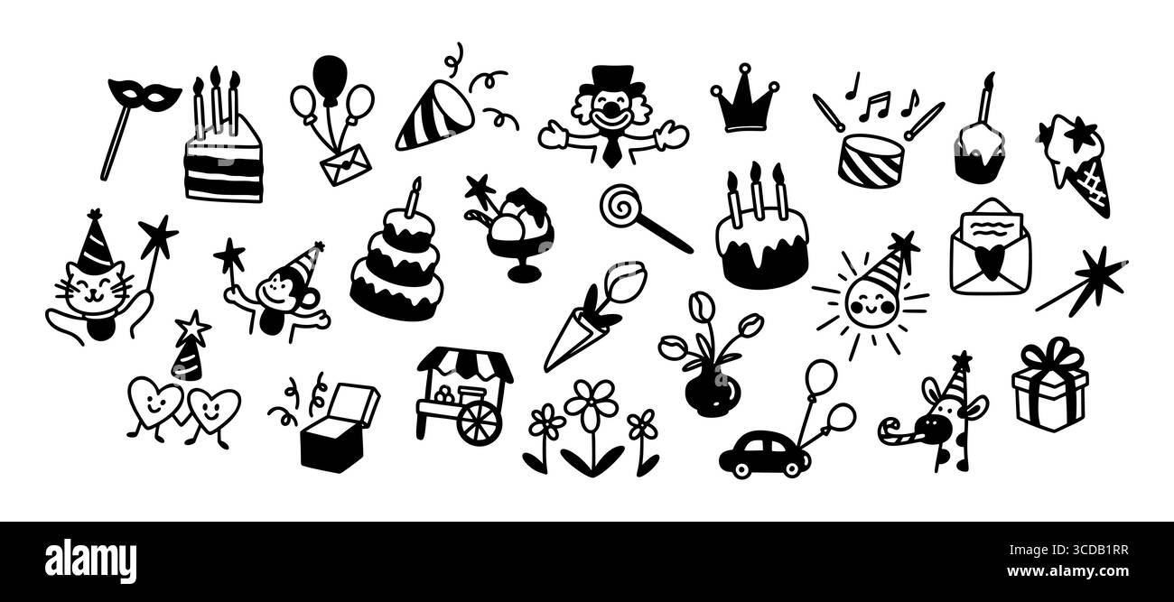Simpatici bambini della linea buon compleanno sfondo doodle. Insieme di elementi e icone di schizzo disegnati a mano. Cappello da festa, palloncini, torta di festa con candele, Illustrazione Vettoriale