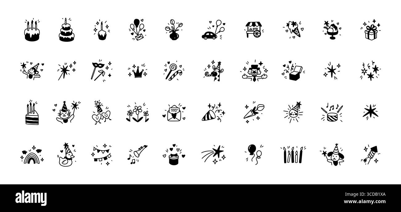 Set di icone di compleanno disegnate a mano. Torta con candele, cappello da festa, palloncini volanti, confezione regalo. Pastello per bambini stravaganti scarabocchi. Felice anniv Illustrazione Vettoriale