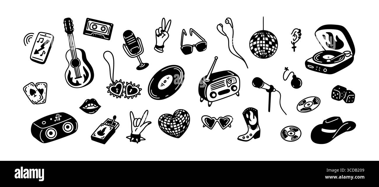 Sottofondo di musica Doodle vintage disegnata a mano. Addio al nubilato in stile retrò, festa di compleanno. Vinile, chitarra, disegno radio. Discoteca e karaoke clu Illustrazione Vettoriale